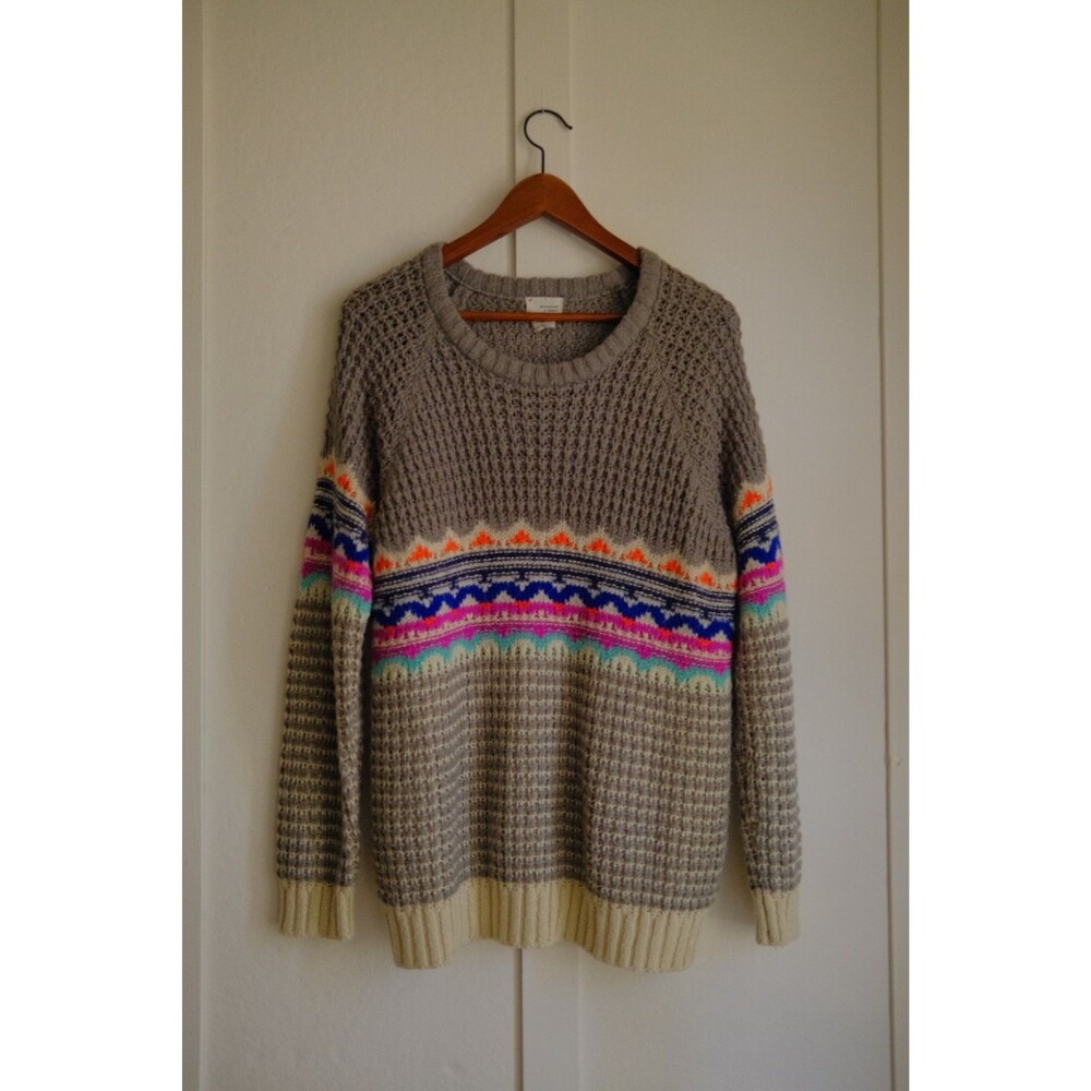 Coincidence & Chance x Pullover LS Chunky Sweater Sz M Gray w/Multi Color Design